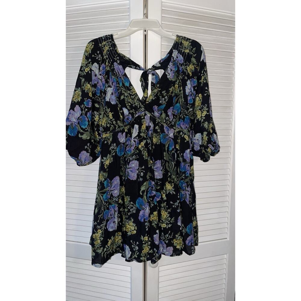 Free People Beck Floral Black Mini Dress Back Flared 3/4 Sleeve Size S